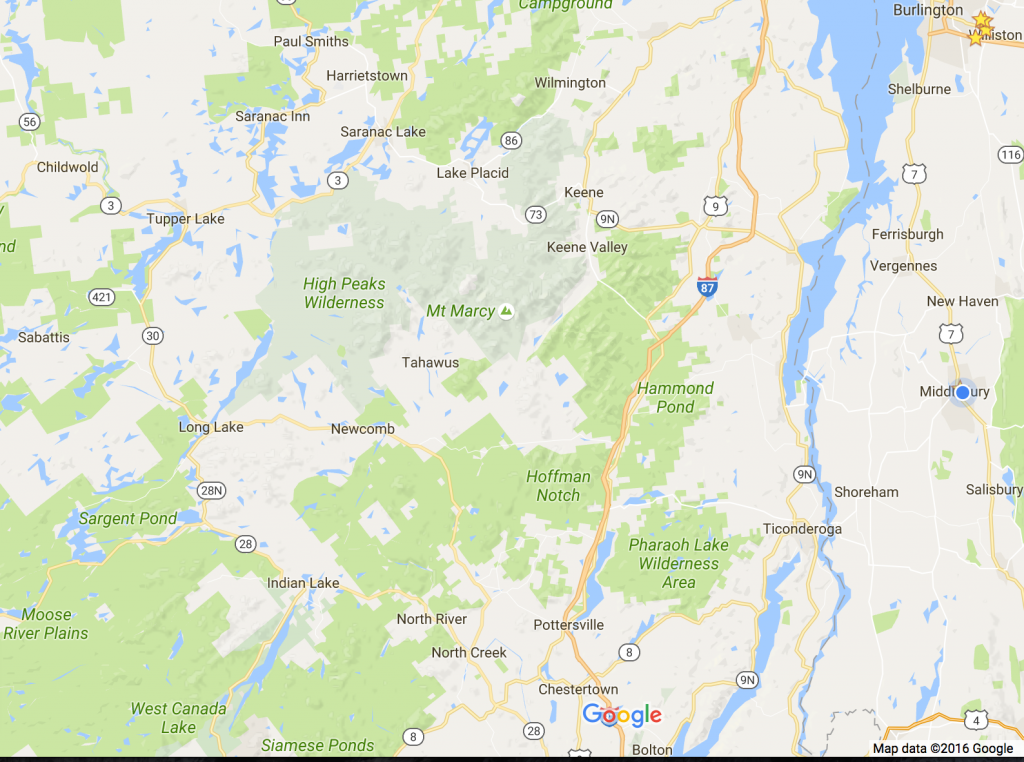 Google Maps view of New York's Adirondack mountains.