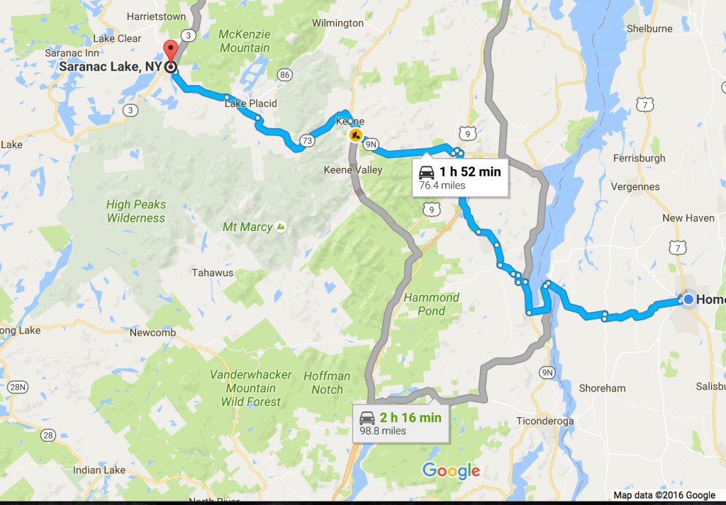 Google Maps' suggested routes to Saranac Lake.