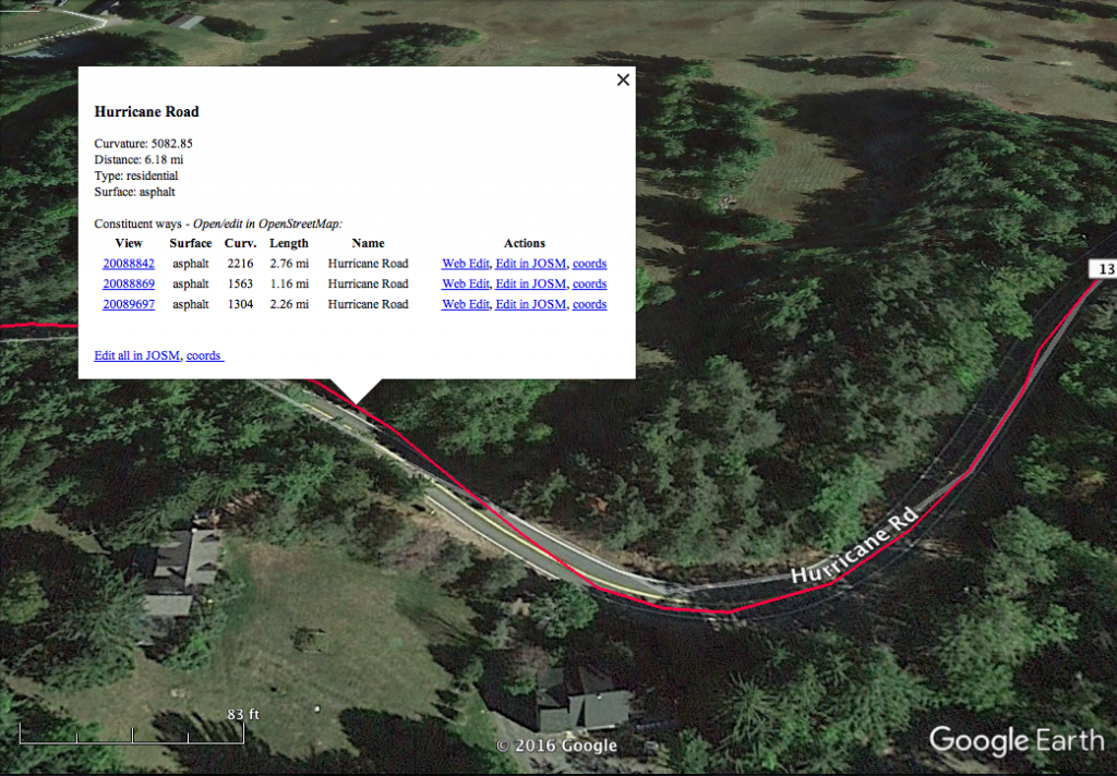 Clicking on a Curvature-highlighted road in Google Earth brings up a detail pop-up with road surface, length details, and links to edit the road in Open Street Map.