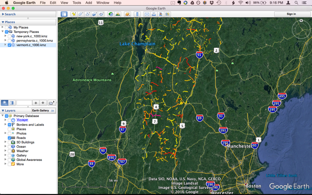The "vermont.c_1000.kmz" file loaded in Google Earth.
