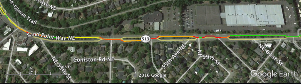 Sand Point Way NE in Seattle. Note that the alternating divided/undivided sections get encoded in the data in a way that looks like a twisty road.