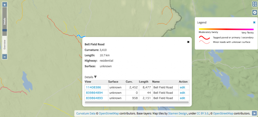 When zoomed in to the “Details” range highlighted roads become clickable and provide more information and links.